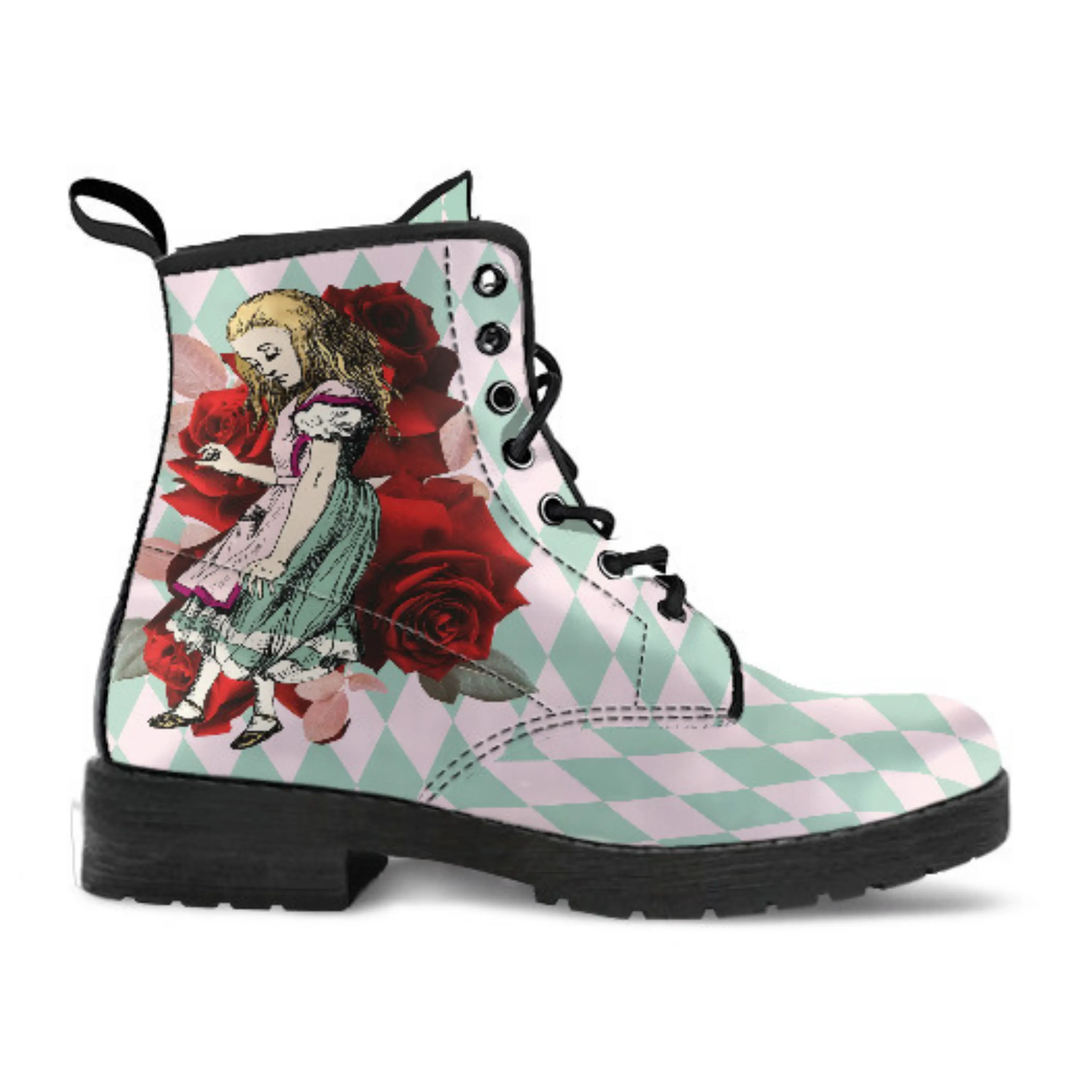 Alice in Wonderland Boots - Alice in Wonderland Gifts #102 Mint Series, Red Roses | Birthday Gift Idea, Black Custom