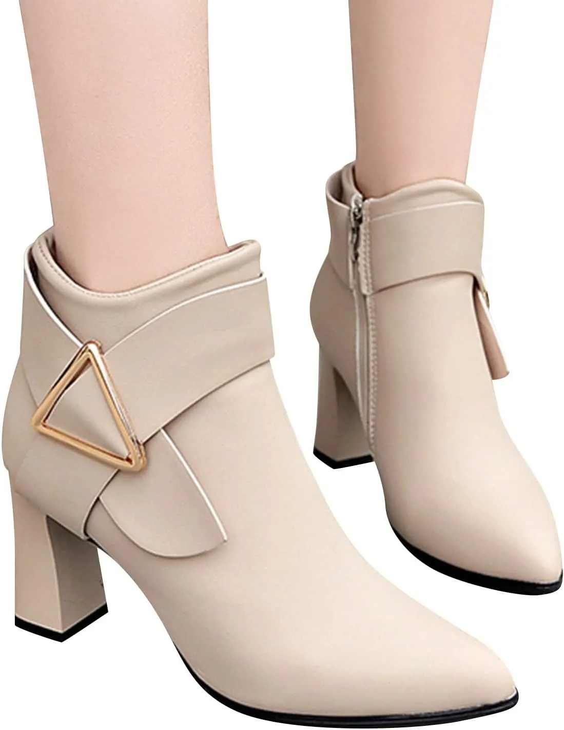 AMDBEL Chunky Heel Boots For Women Dressy Womens Short Boots Trendy Metal Buckle Vintage Pointy Toe High Chunky Heel Boots