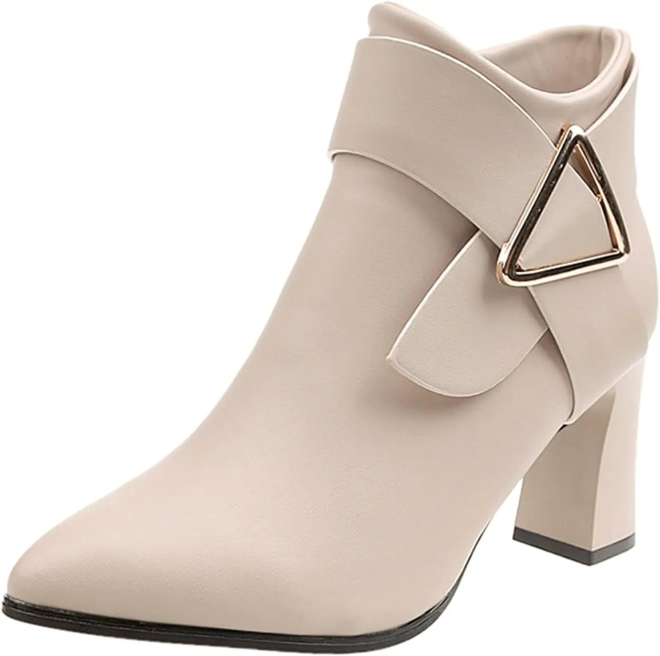 AMDBEL Chunky Heel Boots For Women Dressy Womens Short Boots Trendy Metal Buckle Vintage Pointy Toe High Chunky Heel Boots