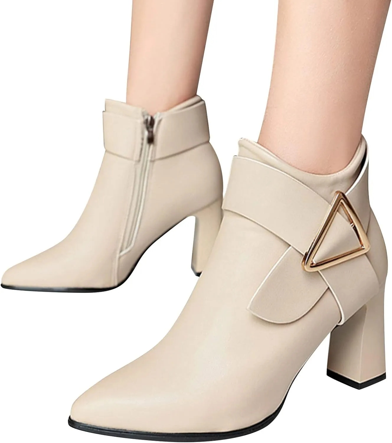 AMDBEL Chunky Heel Boots For Women Dressy Womens Short Boots Trendy Metal Buckle Vintage Pointy Toe High Chunky Heel Boots