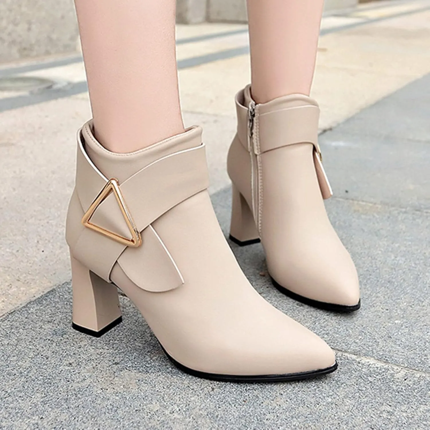 AMDBEL Chunky Heel Boots For Women Dressy Womens Short Boots Trendy Metal Buckle Vintage Pointy Toe High Chunky Heel Boots