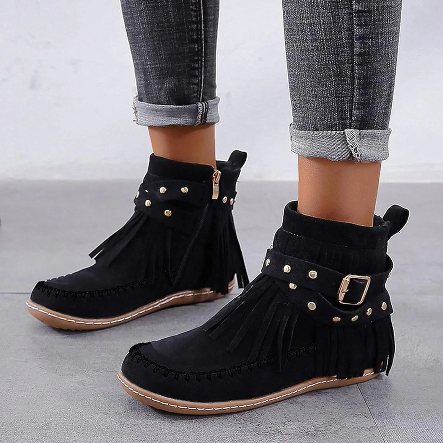 AMDBEL Fall Boots for Women 2023, Ankel Boots for Women Wedge Ankle Boots Braided Strap Western Heeled Booties Dress Shoes