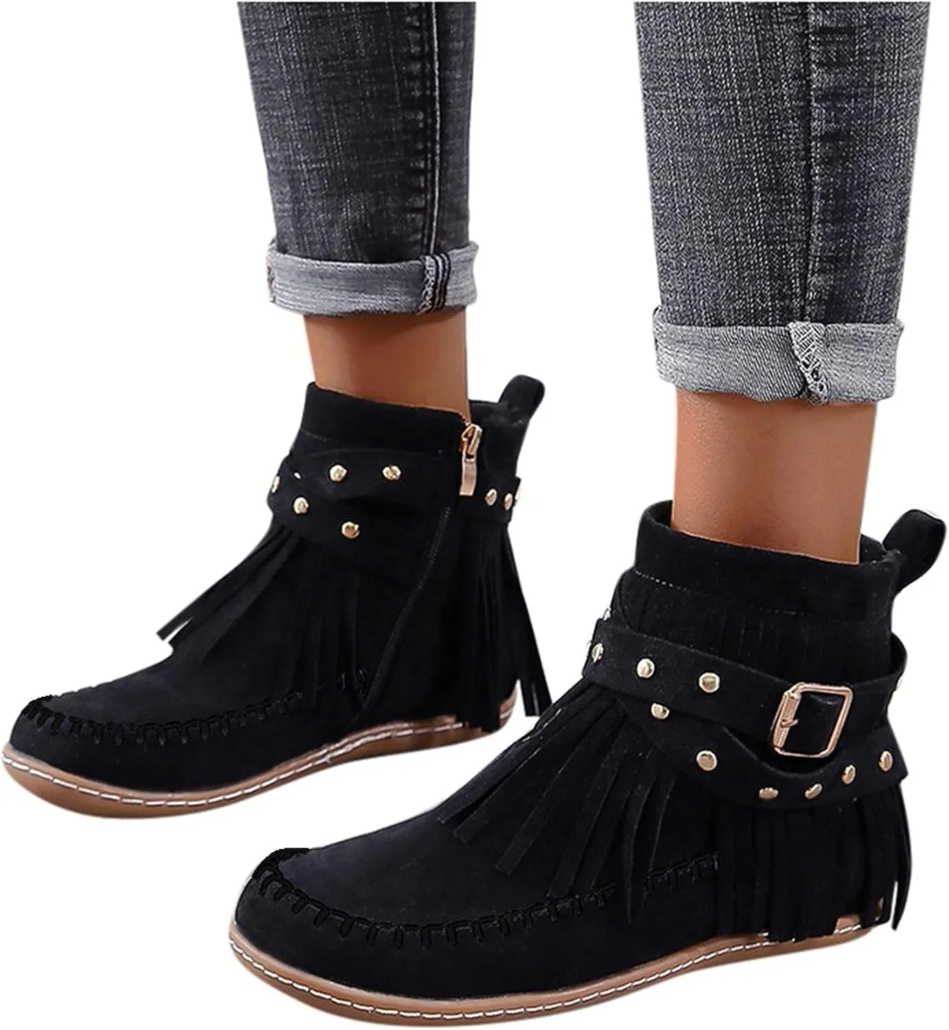 AMDBEL Fall Boots for Women 2023, Ankel Boots for Women Wedge Ankle Boots Braided Strap Western Heeled Booties Dress Shoes