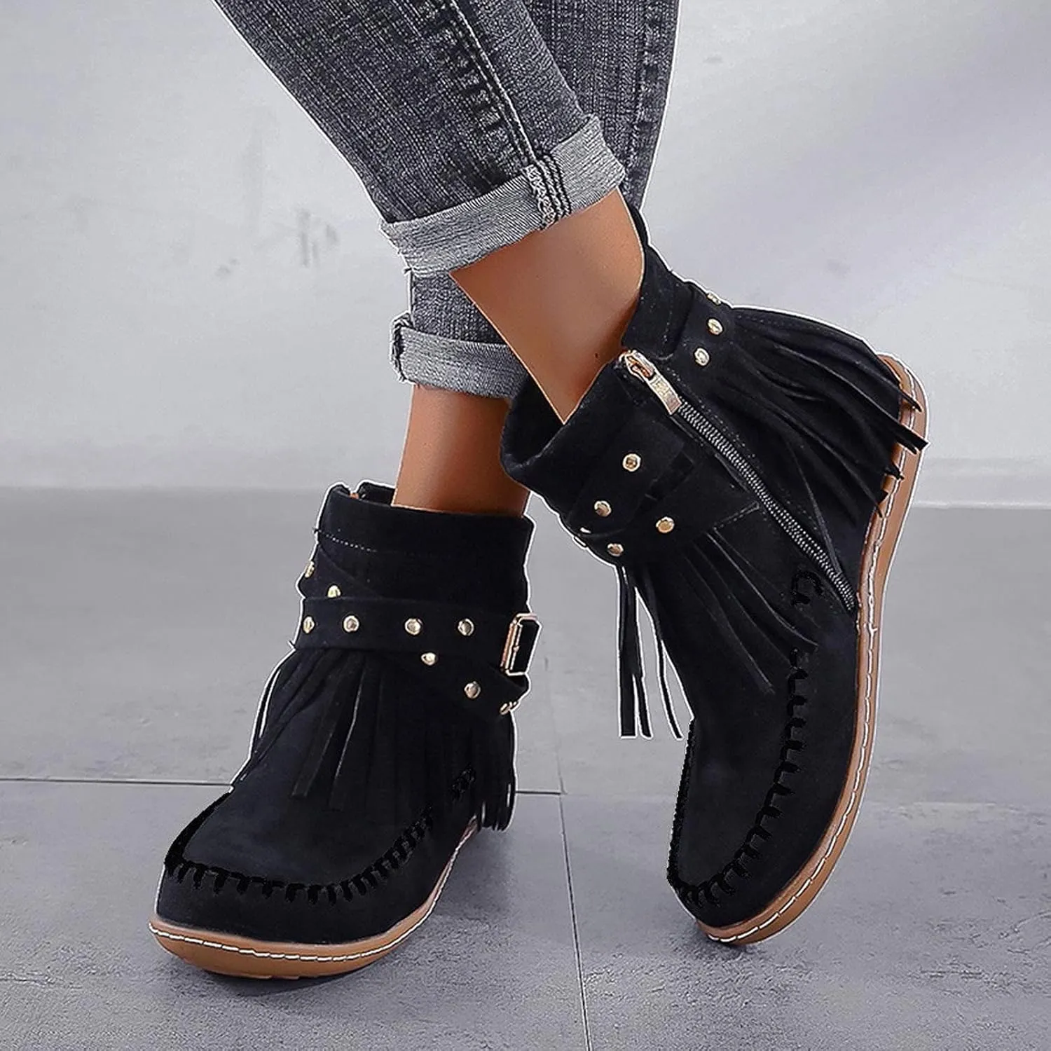 AMDBEL Fall Boots for Women 2023, Ankel Boots for Women Wedge Ankle Boots Braided Strap Western Heeled Booties Dress Shoes