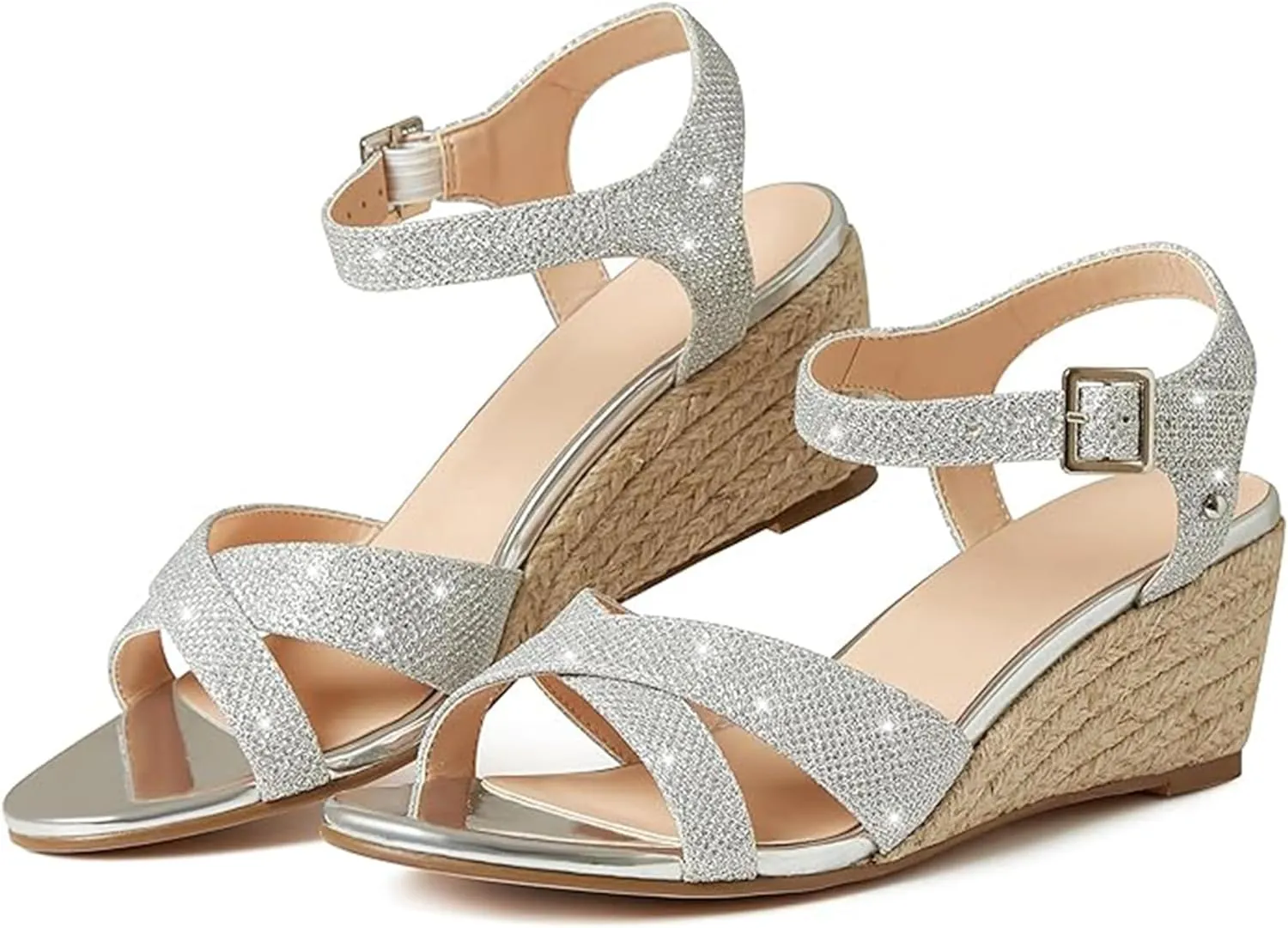 AMINUGAL Wedge Sandals for Women Cute Comfort Glitter Summer Sandals Fashion Dressy Espadrille Womens Sandals Casual Outdoor Low Heel Strappy Womens Dress Sandals