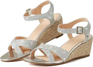 AMINUGAL Wedge Sandals for Women Cute Comfort Glitter Summer Sandals Fashion Dressy Espadrille Womens Sandals Casual Outdoor Low Heel Strappy Womens Dress Sandals