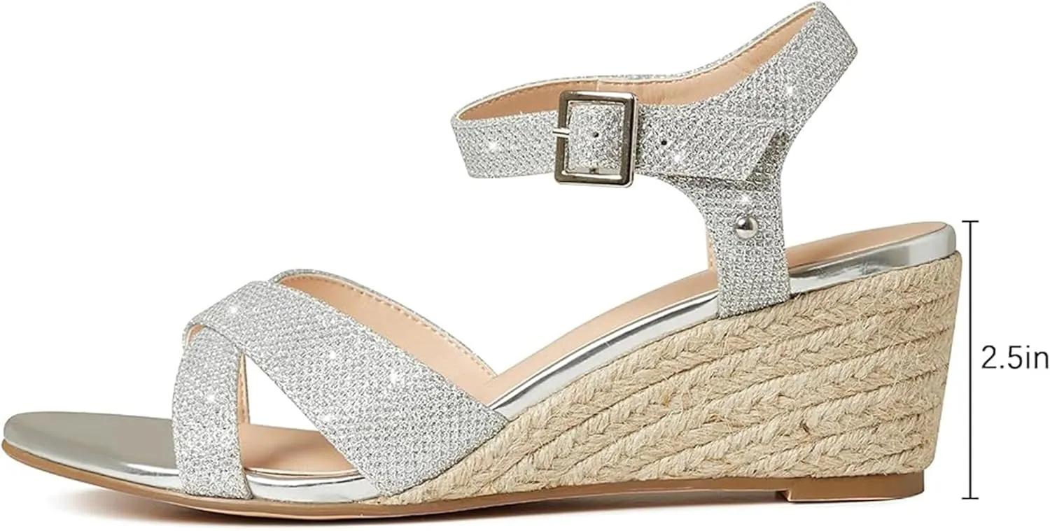 AMINUGAL Wedge Sandals for Women Cute Comfort Glitter Summer Sandals Fashion Dressy Espadrille Womens Sandals Casual Outdoor Low Heel Strappy Womens Dress Sandals