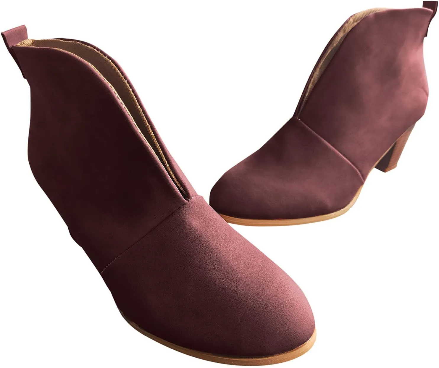 Ankle Boots for Women Wedge Arch Support Slip On Chunky Stacked Block Heel Ankle Booties Solid Suede Cut V Pull On Fashion Boots for Women Dressy Winter Fall Party