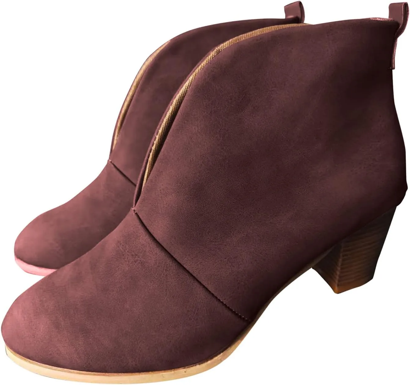 Ankle Boots for Women Wedge Arch Support Slip On Chunky Stacked Block Heel Ankle Booties Solid Suede Cut V Pull On Fashion Boots for Women Dressy Winter Fall Party