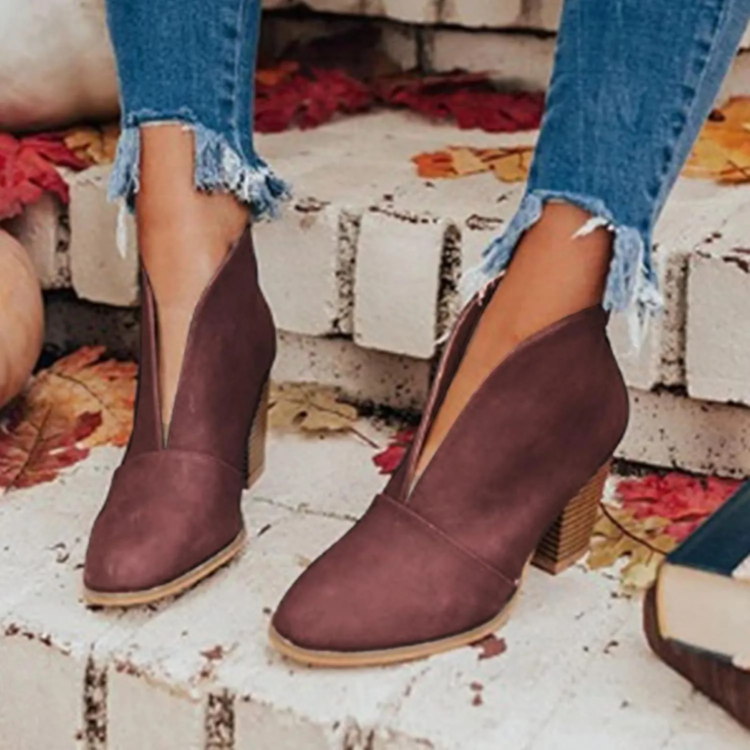 Ankle Boots for Women Wedge Arch Support Slip On Chunky Stacked Block Heel Ankle Booties Solid Suede Cut V Pull On Fashion Boots for Women Dressy Winter Fall Party