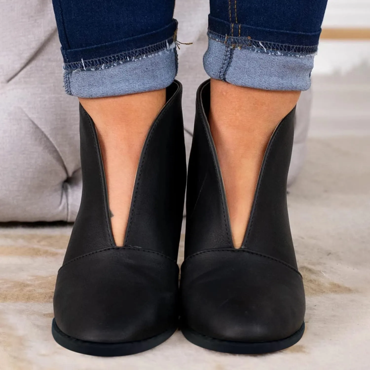 Ankle Boots for Women Wedge Arch Support Slip On Chunky Stacked Block Heel Ankle Booties Solid Suede Cut V Pull On Fashion Boots for Women Dressy Winter Fall Party
