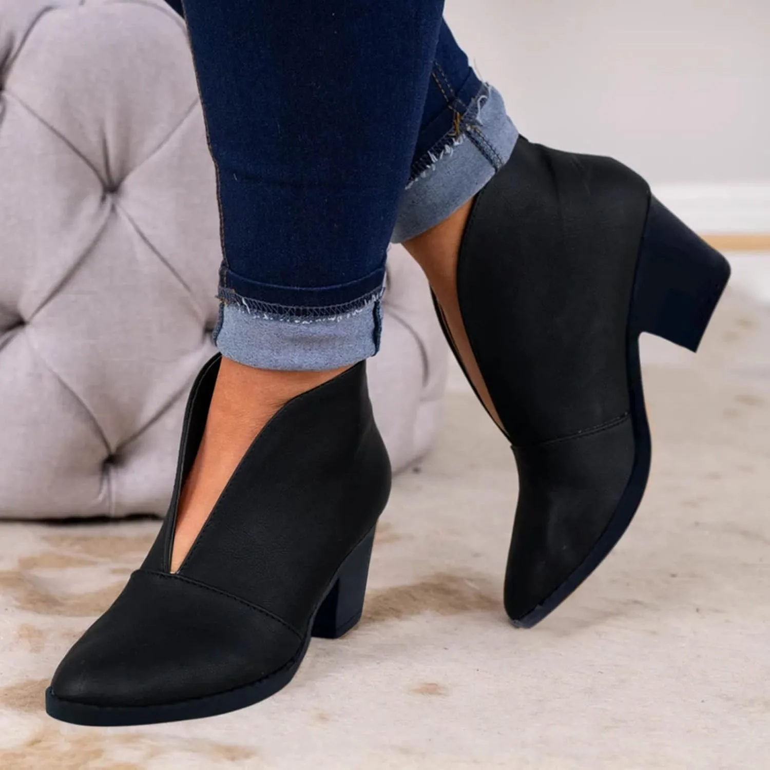Ankle Boots for Women Wedge Arch Support Slip On Chunky Stacked Block Heel Ankle Booties Solid Suede Cut V Pull On Fashion Boots for Women Dressy Winter Fall Party