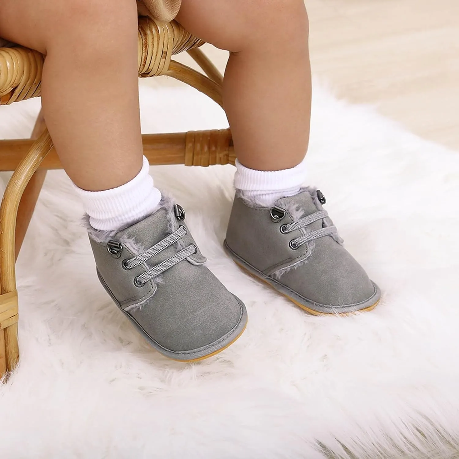 Baby Boys Girls Flat Bottom Plush Ankle Boots Fleece Anti-Slip Rubber Sole Sneakers Toddler Newborn High-top Shoes