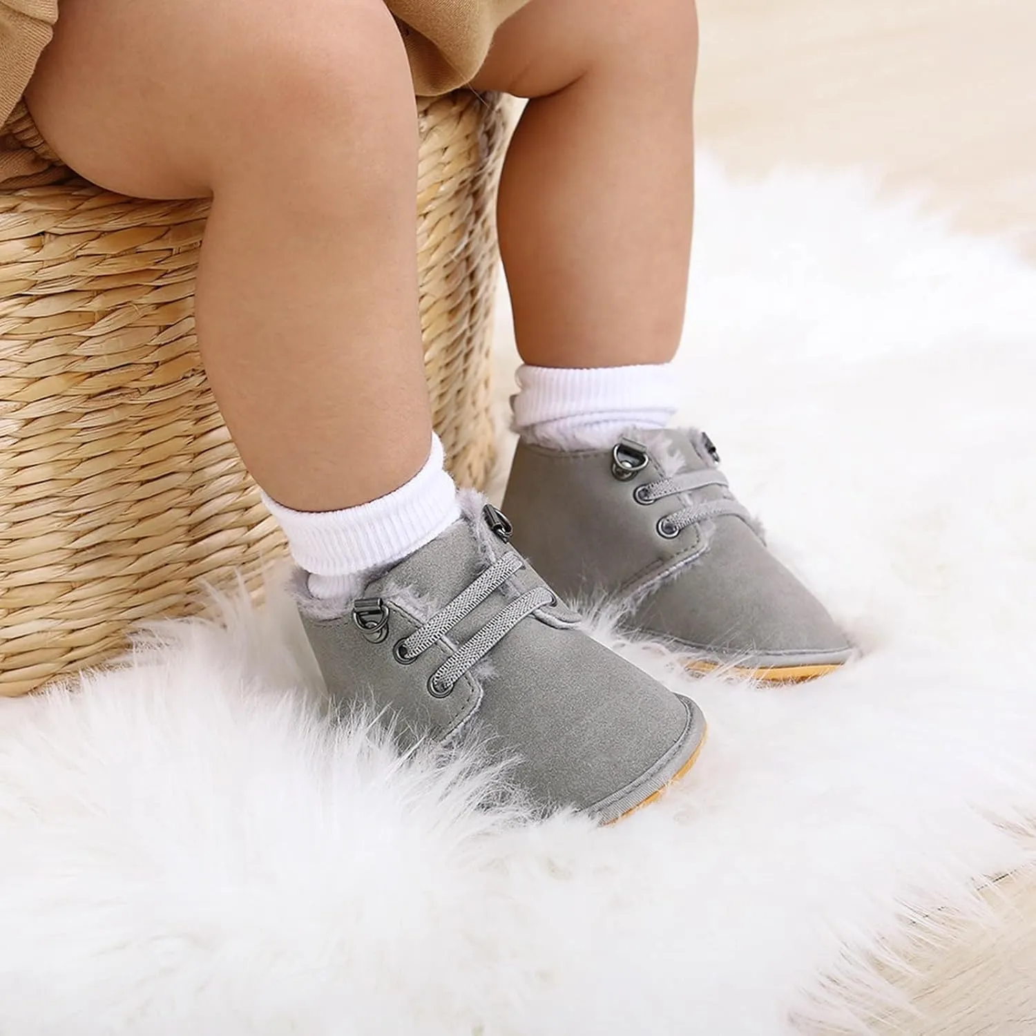Baby Boys Girls Flat Bottom Plush Ankle Boots Fleece Anti-Slip Rubber Sole Sneakers Toddler Newborn High-top Shoes