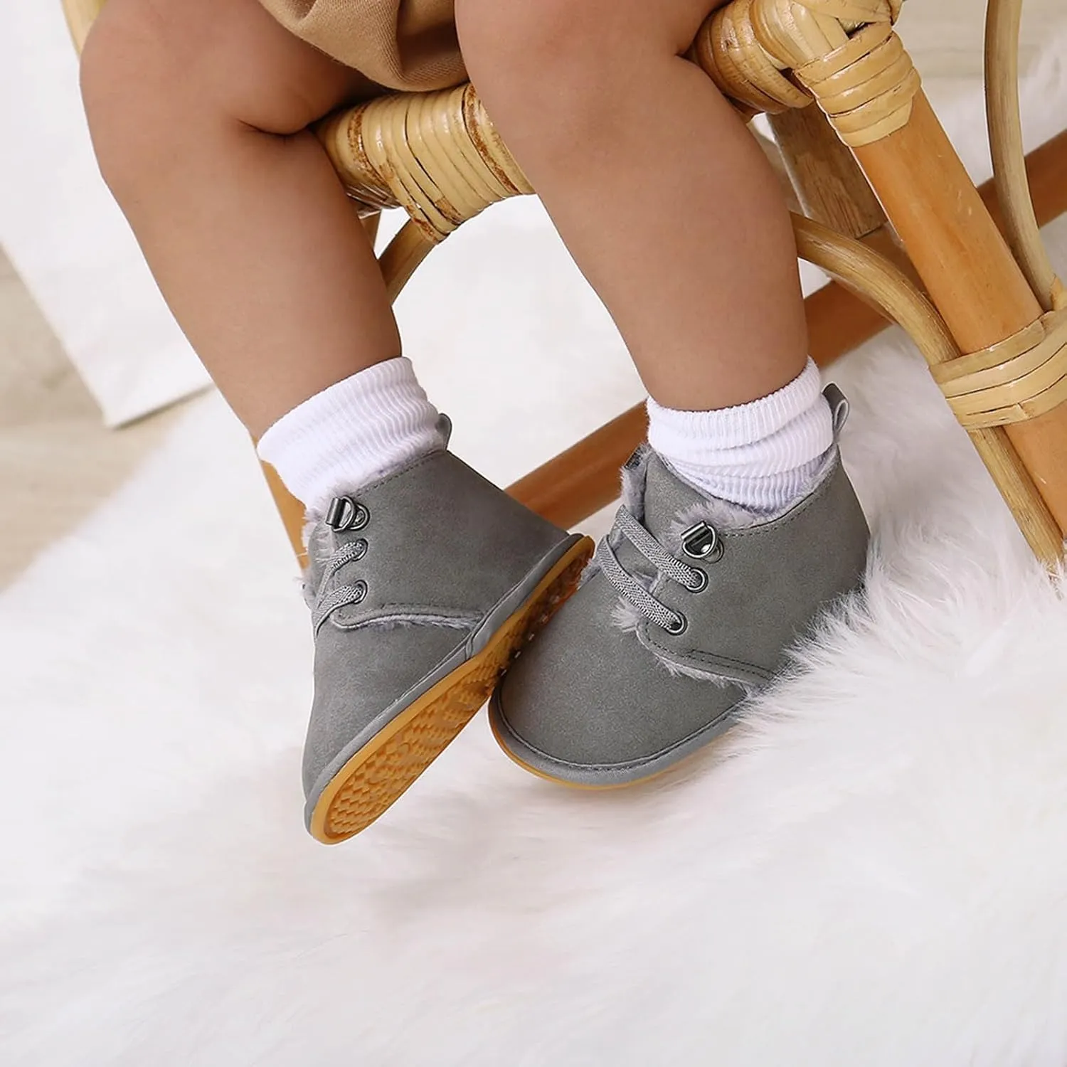 Baby Boys Girls Flat Bottom Plush Ankle Boots Fleece Anti-Slip Rubber Sole Sneakers Toddler Newborn High-top Shoes