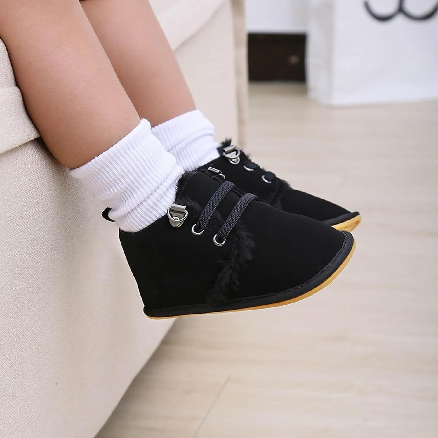 Baby Boys Girls Flat Bottom Plush Ankle Boots Fleece Anti-Slip Rubber Sole Sneakers Toddler Newborn High-top Shoes