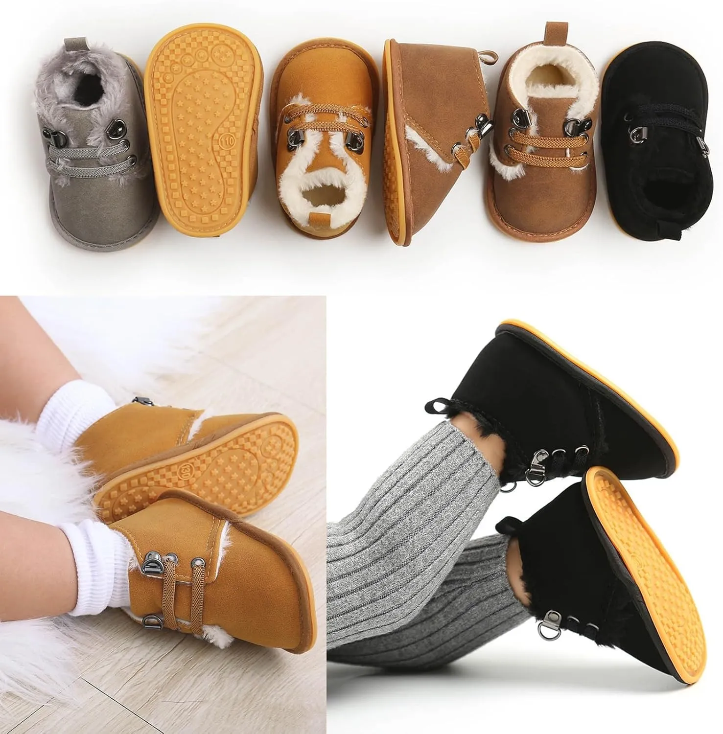 Baby Boys Girls Flat Bottom Plush Ankle Boots Fleece Anti-Slip Rubber Sole Sneakers Toddler Newborn High-top Shoes