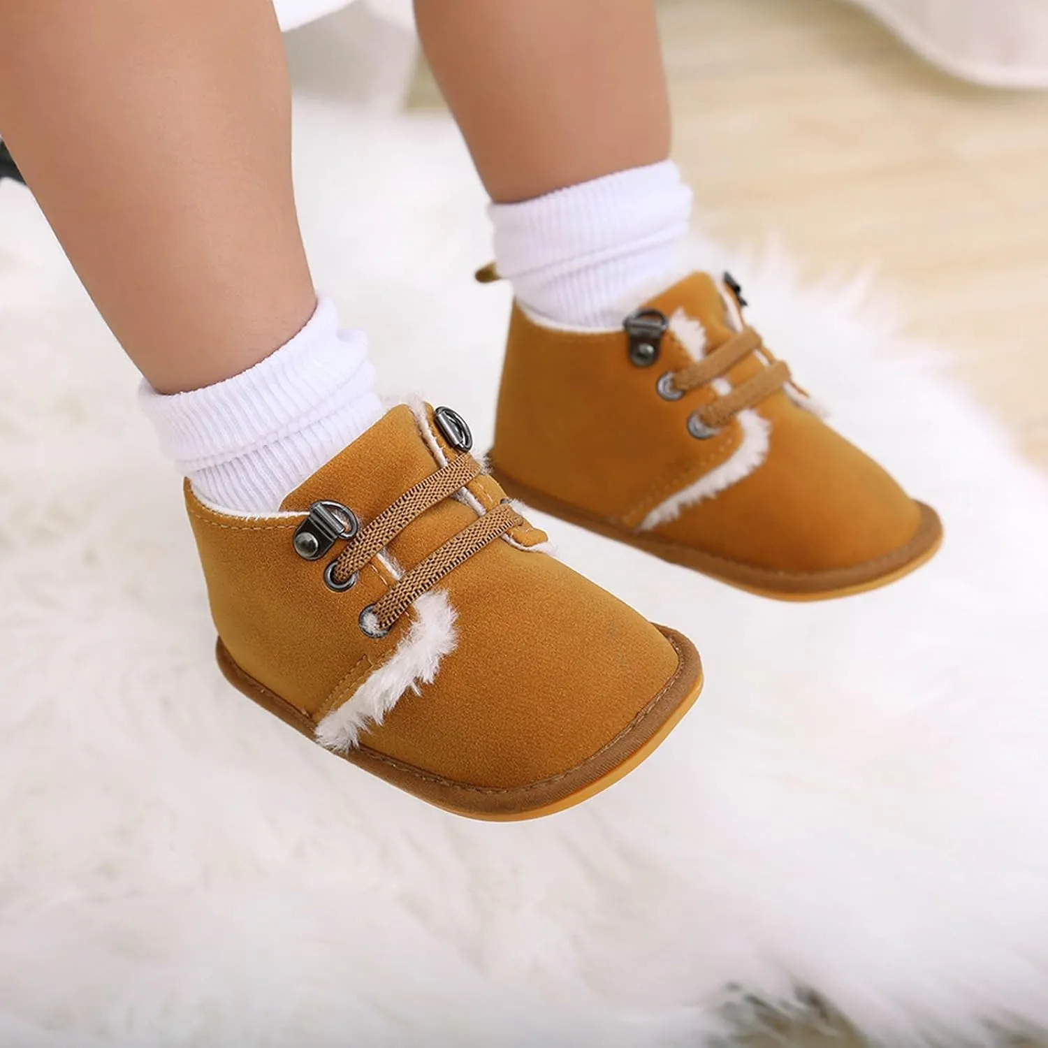 Baby Boys Girls Flat Bottom Plush Ankle Boots Fleece Anti-Slip Rubber Sole Sneakers Toddler Newborn High-top Shoes