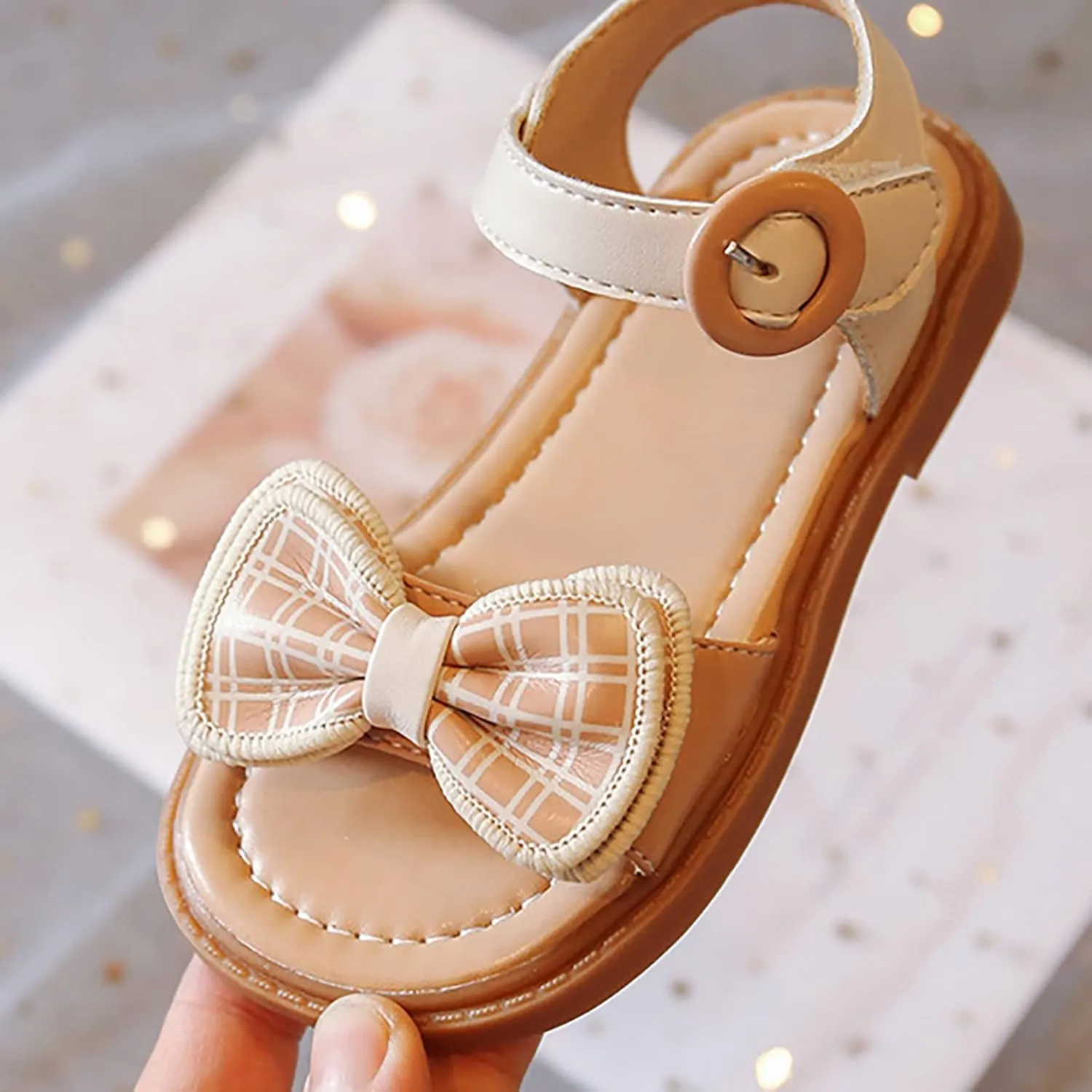Baby Girls Grid Bow Sandals Anti-Slip Rubber Sole Open Toe Flat Sandals Toddler Baby Girls Summer Outdoor Shoes