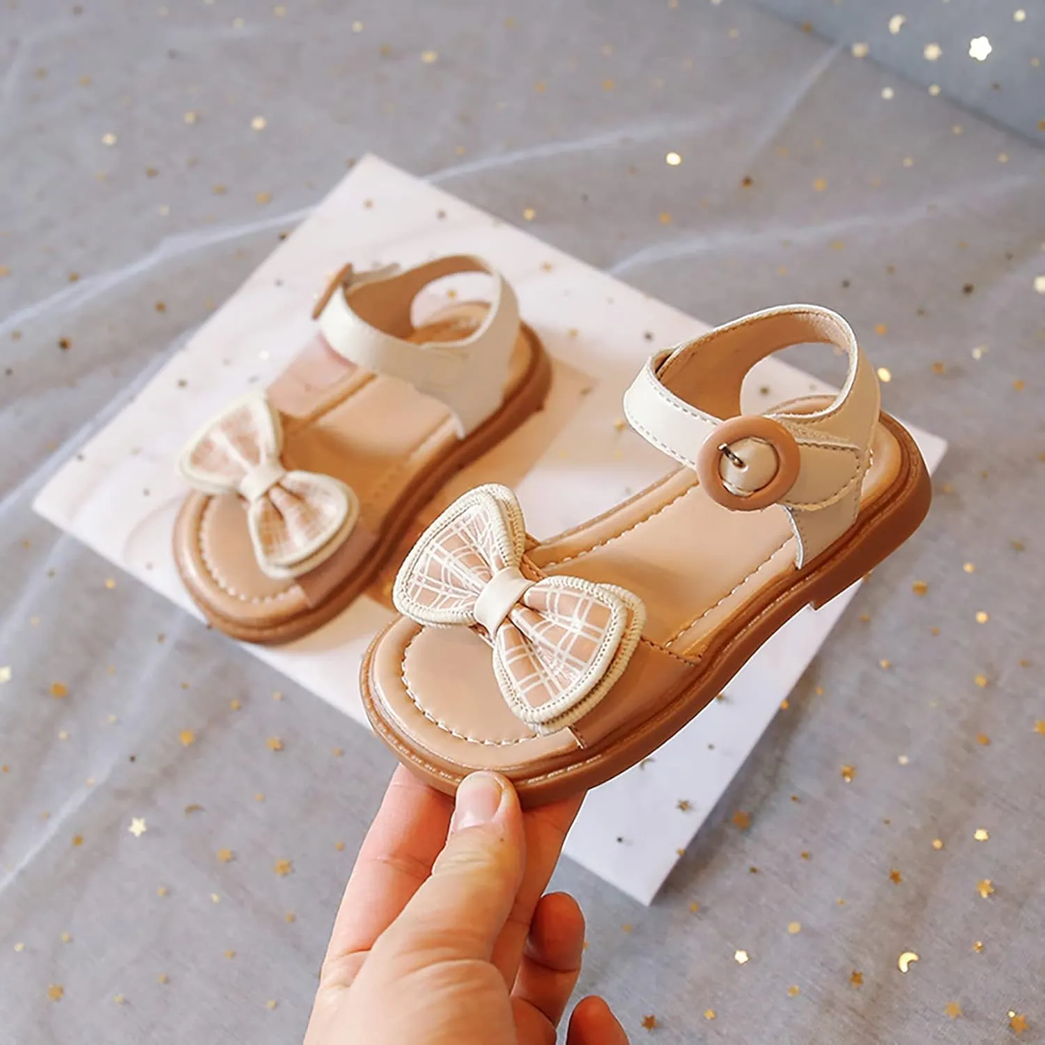 Baby Girls Grid Bow Sandals Anti-Slip Rubber Sole Open Toe Flat Sandals Toddler Baby Girls Summer Outdoor Shoes