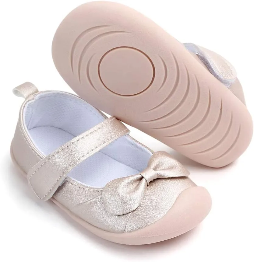 Baby Girls Mary Jane Flats Anti-Slip Rubber Sole Bowknot Toddler First Walkers Dress Shoes