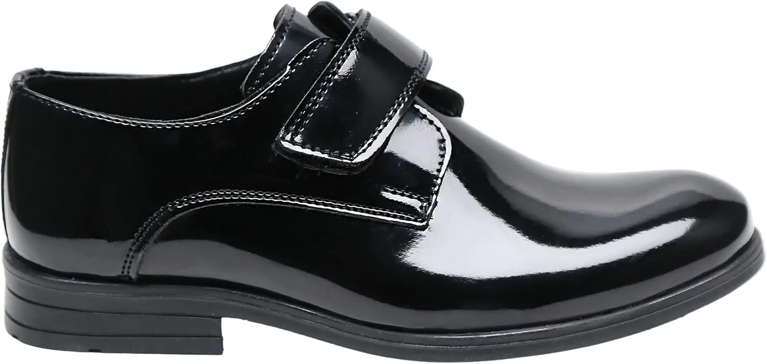 Boys' Black Patent Dress Shoes with Hook-and-Loop Strap ?C Formal Kids' Footwear