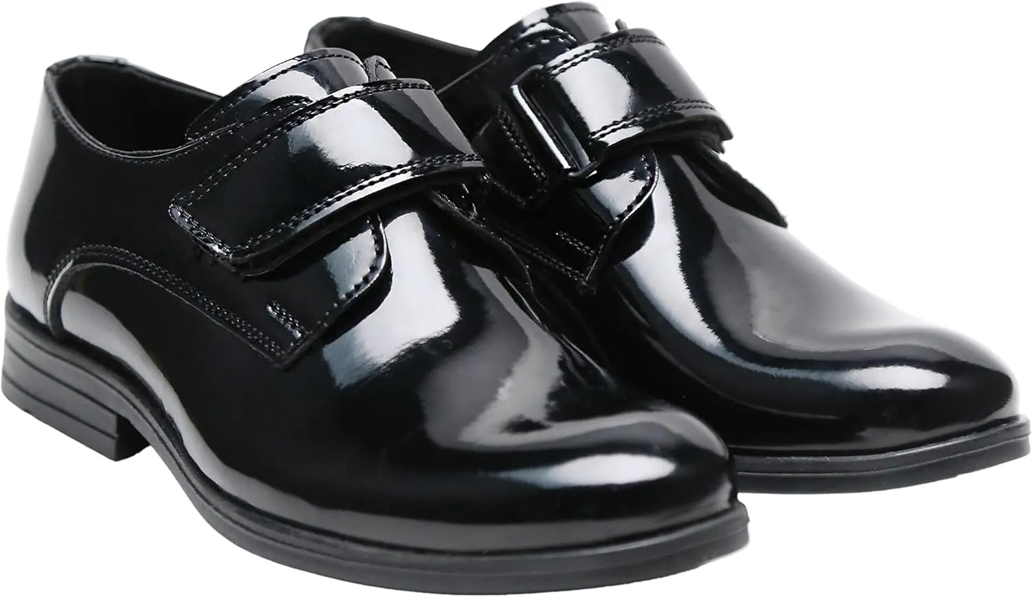 Boys' Black Patent Dress Shoes with Hook-and-Loop Strap ?C Formal Kids' Footwear
