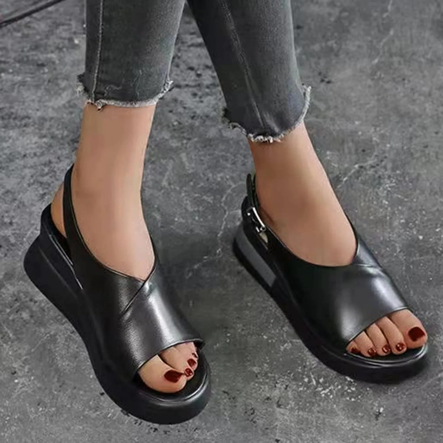 Cathalem Wedge Sandals for Women, Womens Platform Ankle Strap Sandals Open Toe Chunky Sandals Concise Casual Summer Womens Shoes