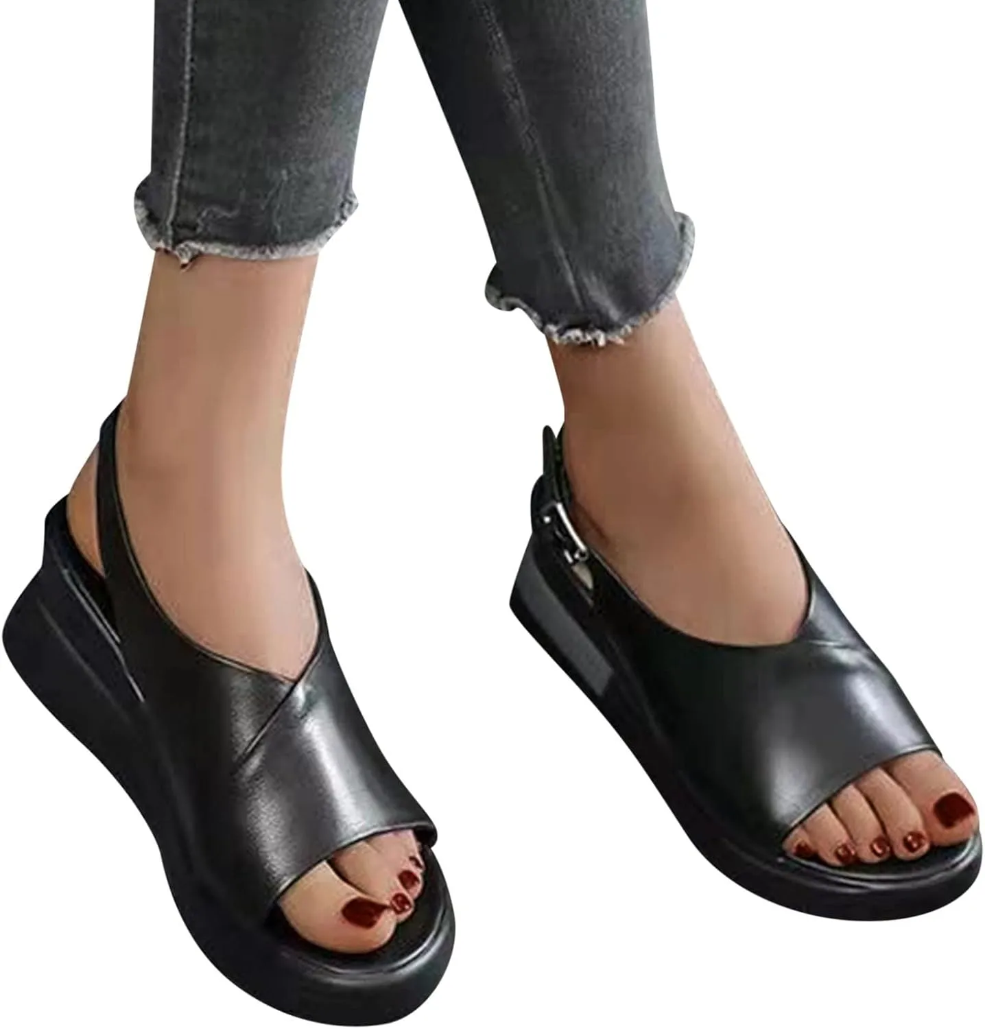 Cathalem Wedge Sandals for Women, Womens Platform Ankle Strap Sandals Open Toe Chunky Sandals Concise Casual Summer Womens Shoes