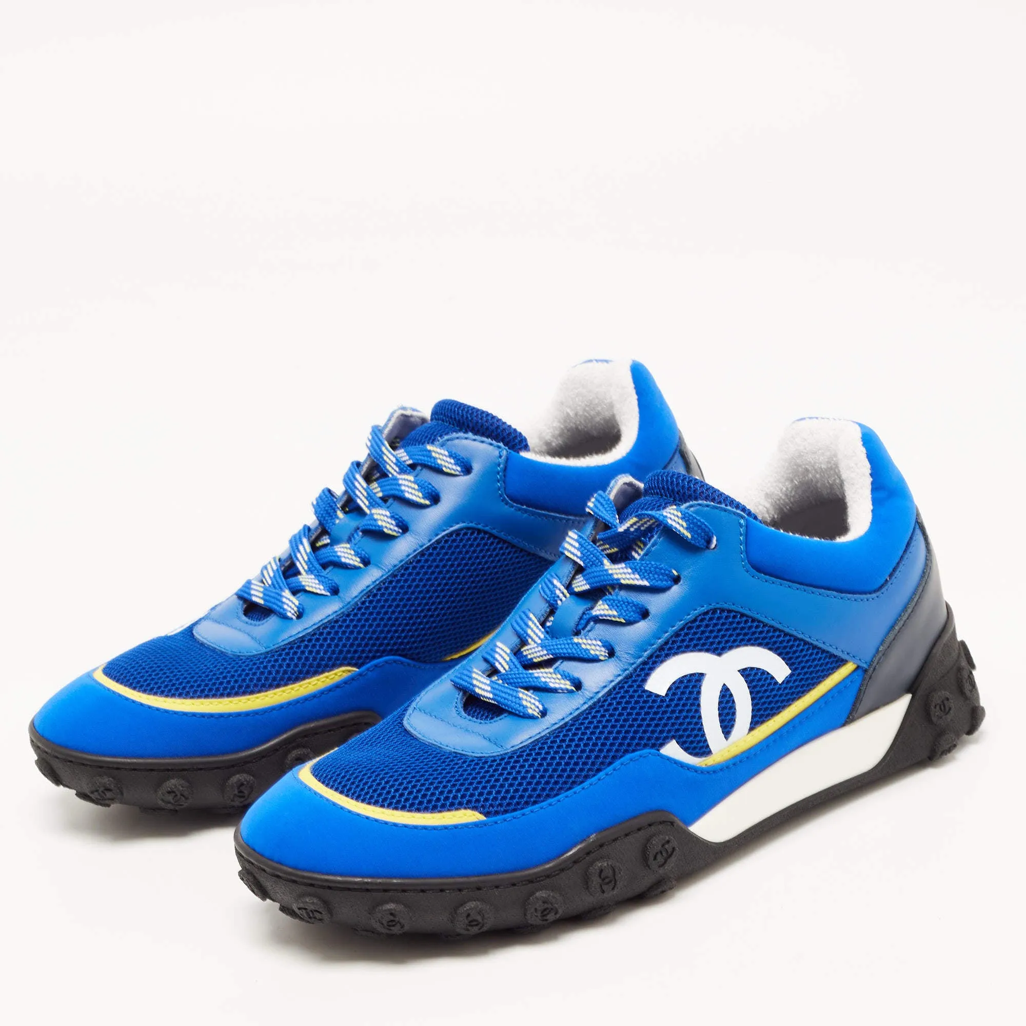 CHANEL CC MESH AND LEATHER LOW-TOP SNEAKERS