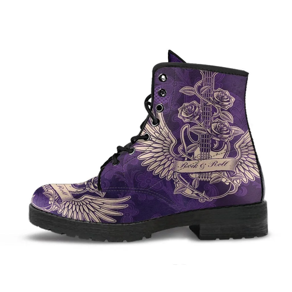 Combat Boots - Electric Guitar #24 Distressed Purple Background | Purple Boots for Women, Vegan Leather Lace Up Boots Women, Custom Shoes