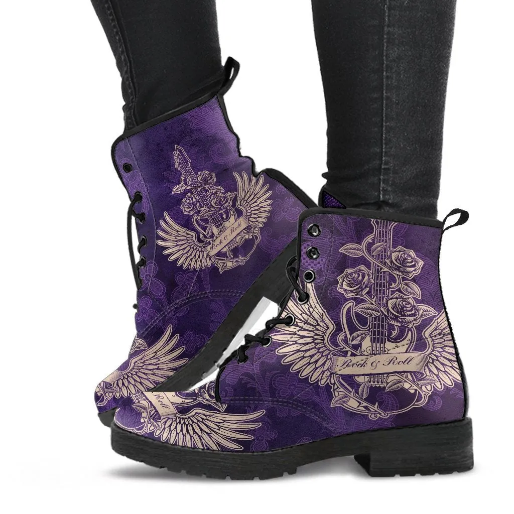 Combat Boots - Electric Guitar #24 Distressed Purple Background | Purple Boots for Women, Vegan Leather Lace Up Boots Women, Custom Shoes