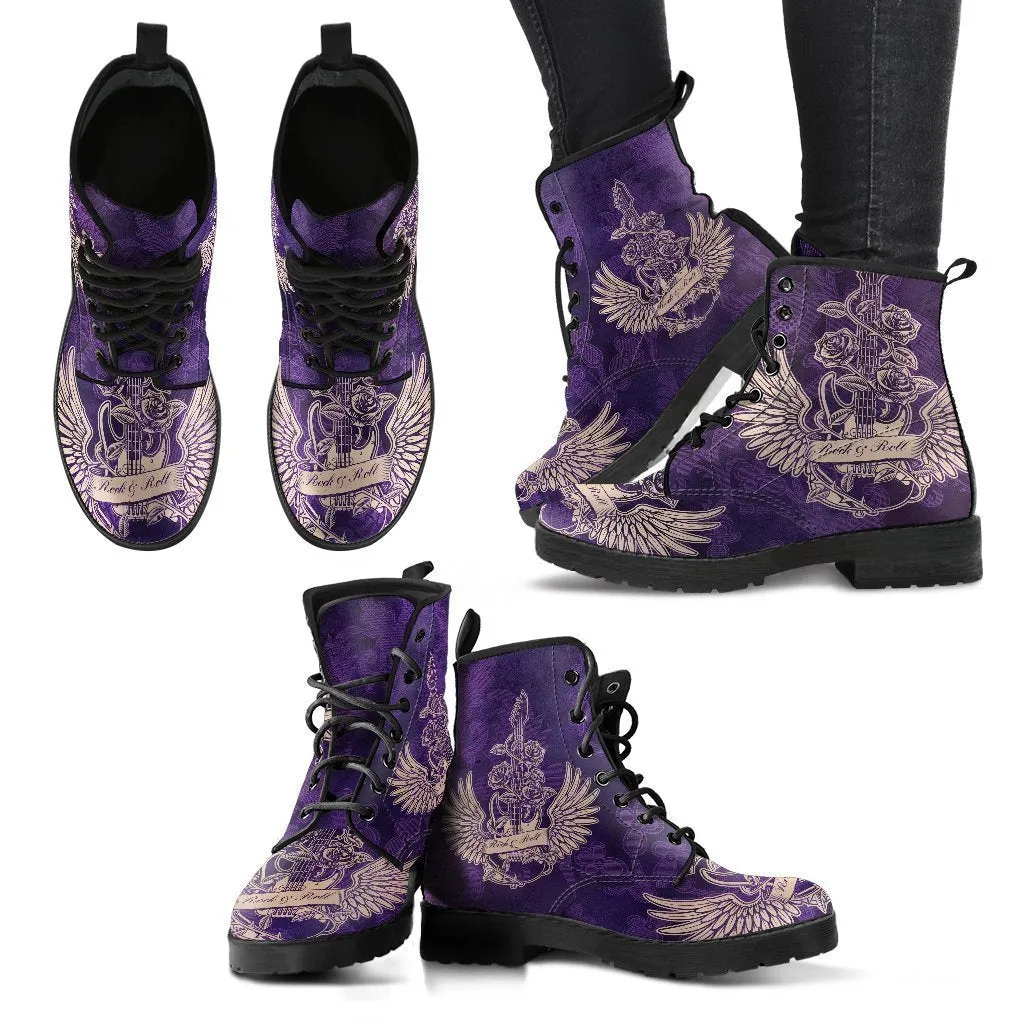 Combat Boots - Electric Guitar #24 Distressed Purple Background | Purple Boots for Women, Vegan Leather Lace Up Boots Women, Custom Shoes