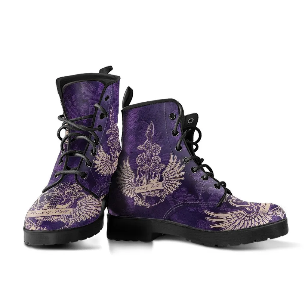 Combat Boots - Electric Guitar #24 Distressed Purple Background | Purple Boots for Women, Vegan Leather Lace Up Boots Women, Custom Shoes