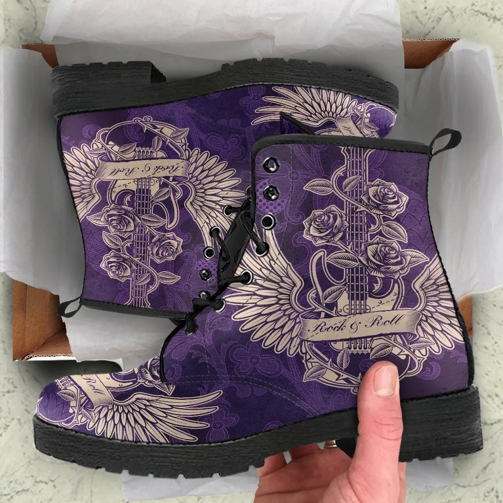 Combat Boots - Electric Guitar #24 Distressed Purple Background | Purple Boots for Women, Vegan Leather Lace Up Boots Women, Custom Shoes