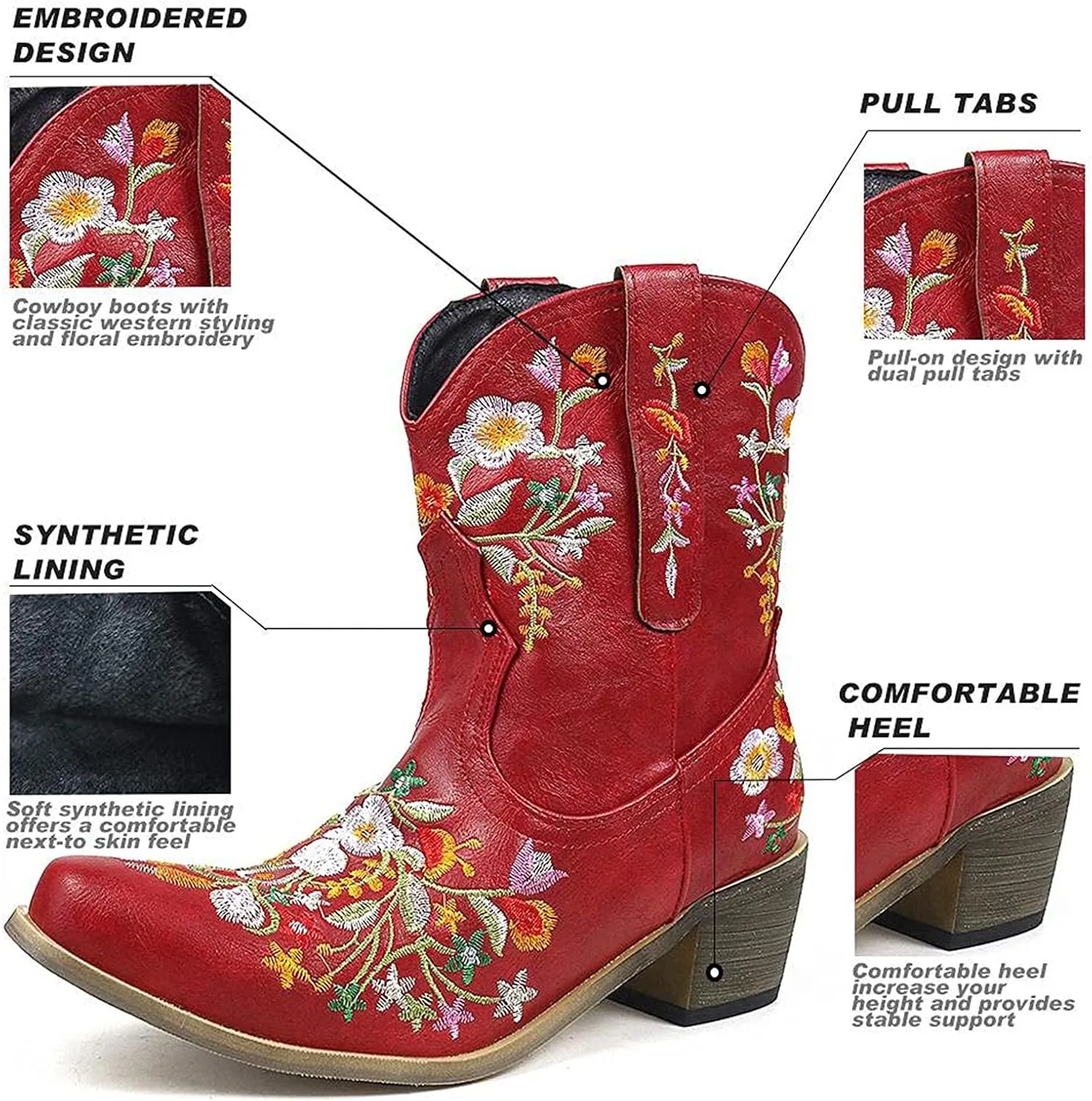 Cowboy Boots for Women Vintage Western Cowgirl Boots Chunky Heel Pull on Flower Embroidered Square Toe Short Boots
