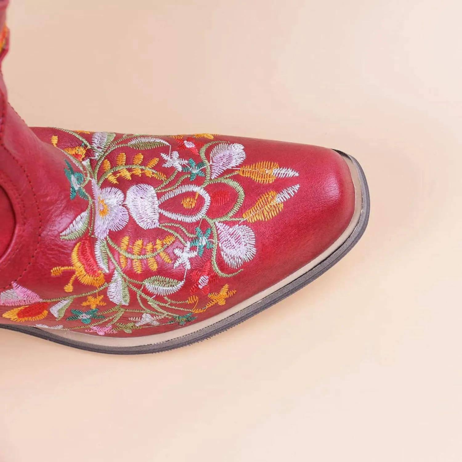 Cowboy Boots for Women Vintage Western Cowgirl Boots Chunky Heel Pull on Flower Embroidered Square Toe Short Boots