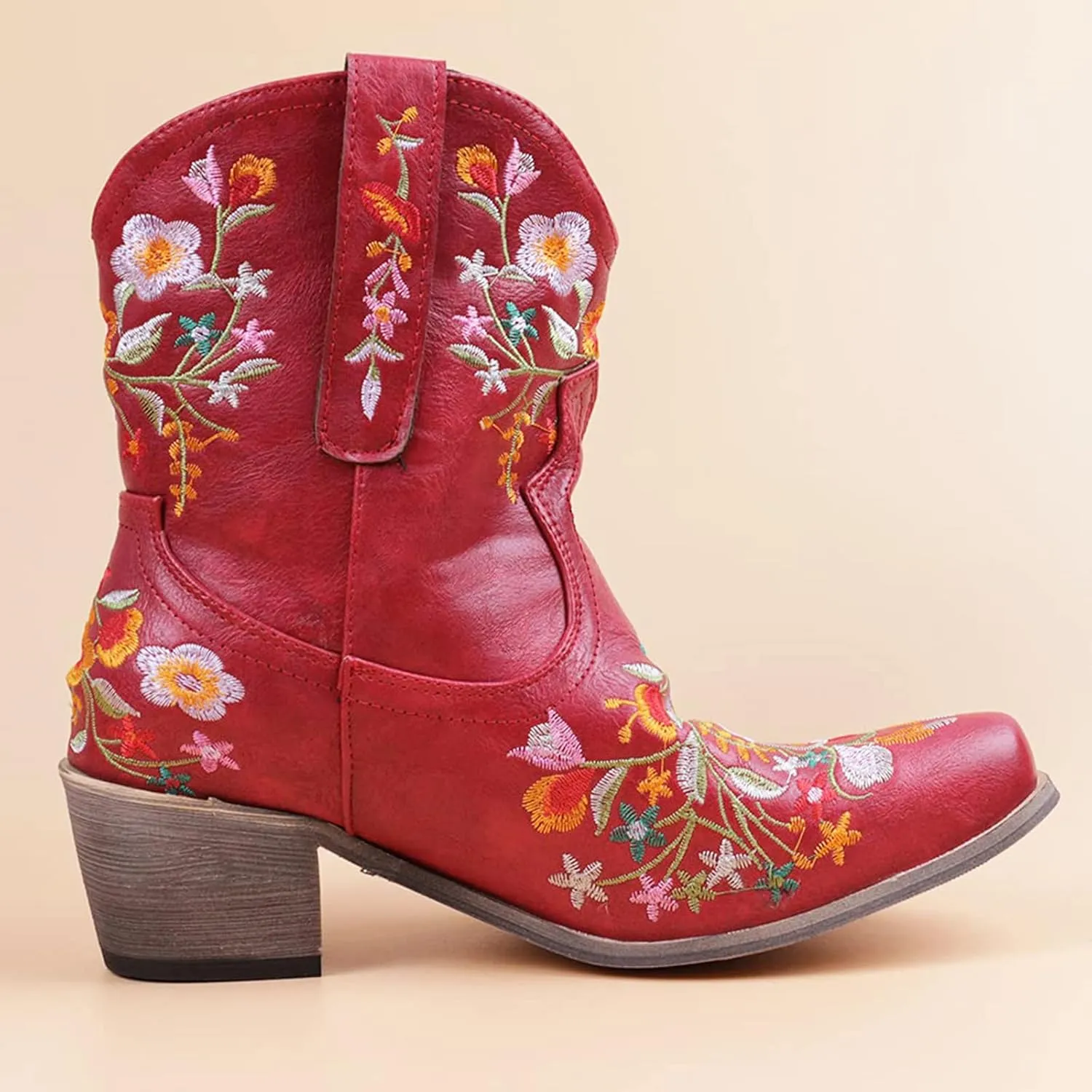 Cowboy Boots for Women Vintage Western Cowgirl Boots Chunky Heel Pull on Flower Embroidered Square Toe Short Boots