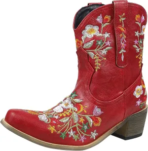 Cowboy Boots for Women Vintage Western Cowgirl Boots Chunky Heel Pull on Flower Embroidered Square Toe Short Boots