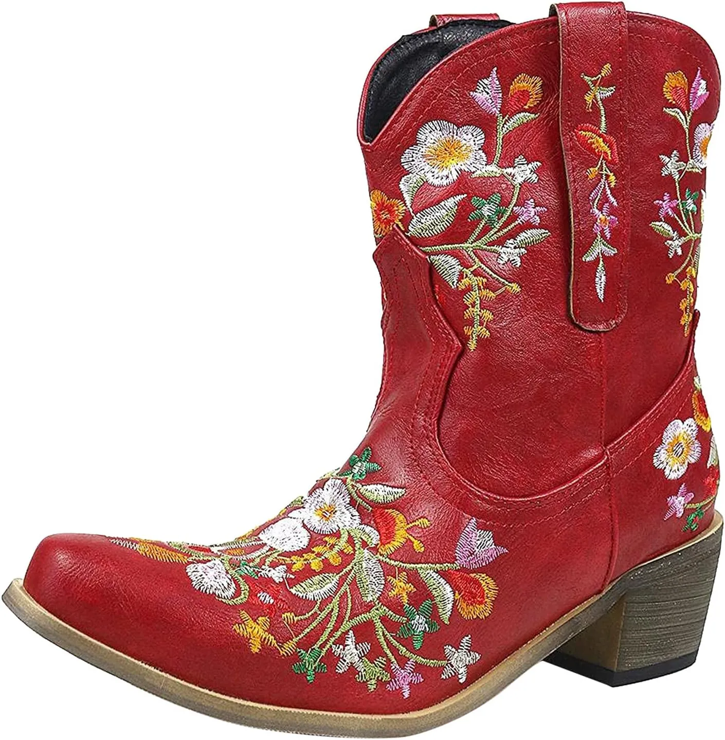 Cowboy Boots for Women Vintage Western Cowgirl Boots Chunky Heel Pull on Flower Embroidered Square Toe Short Boots