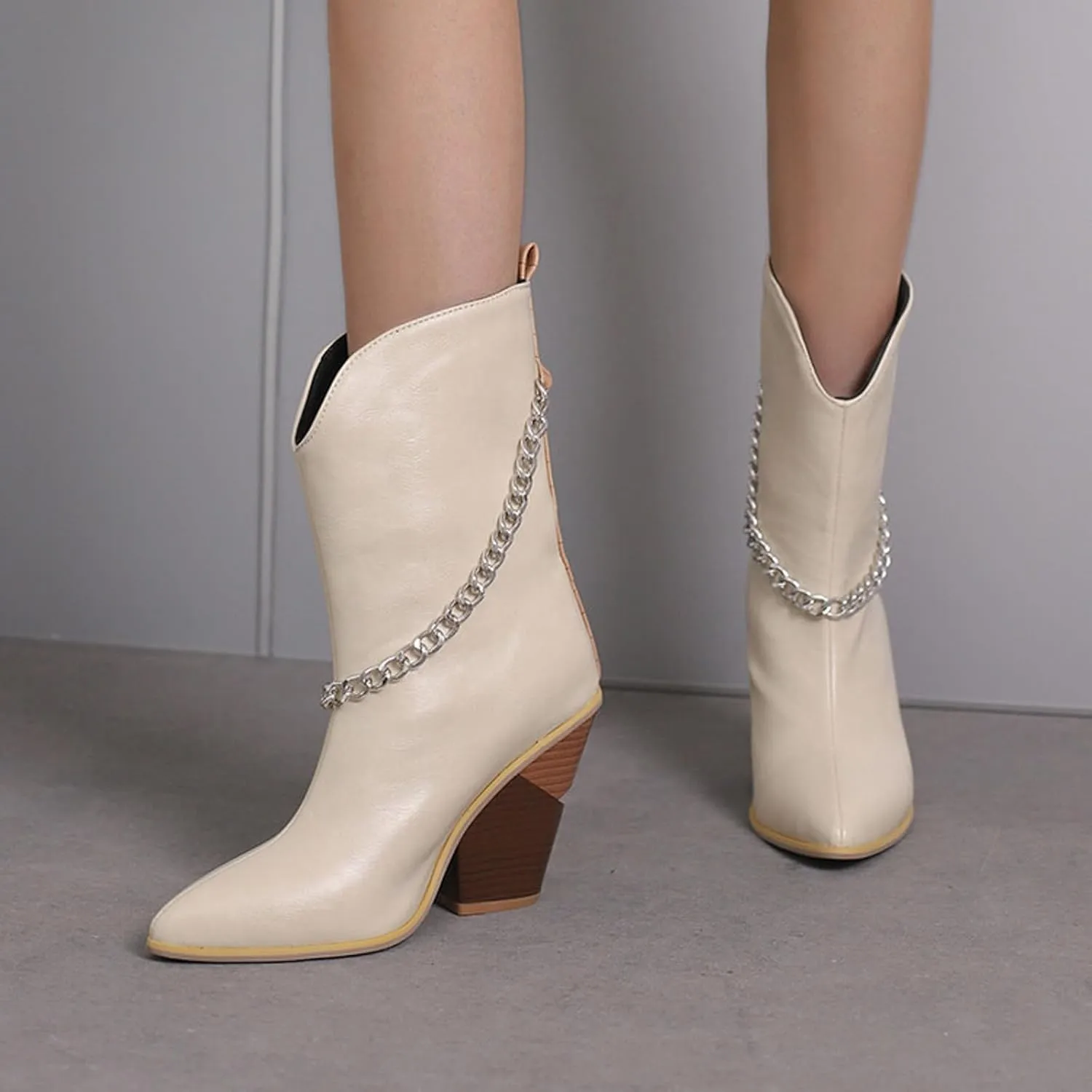 Crzidha Chunky Block Heel Boots for Women,Pull On Pointed Toe High Heel Ankle Boots Wide Calf Low Calf Cowboy Boots for Women Comfy Walking Arch Support Winter Fall Fashion Party Boots
