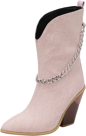 Crzidha Chunky Block Heel Boots for Women,Pull On Pointed Toe High Heel Ankle Boots Wide Calf Low Calf Cowboy Boots for Women Comfy Walking Arch Support Winter Fall Fashion Party Boots