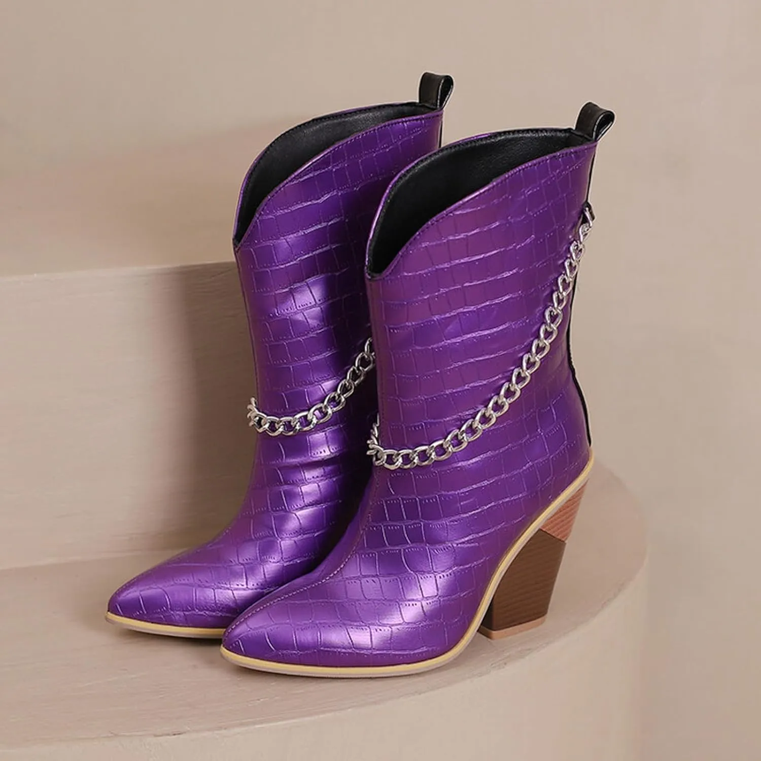 Crzidha Chunky Block Heel Boots for Women,Pull On Pointed Toe High Heel Ankle Boots Wide Calf Low Calf Cowboy Boots for Women Comfy Walking Arch Support Winter Fall Fashion Party Boots