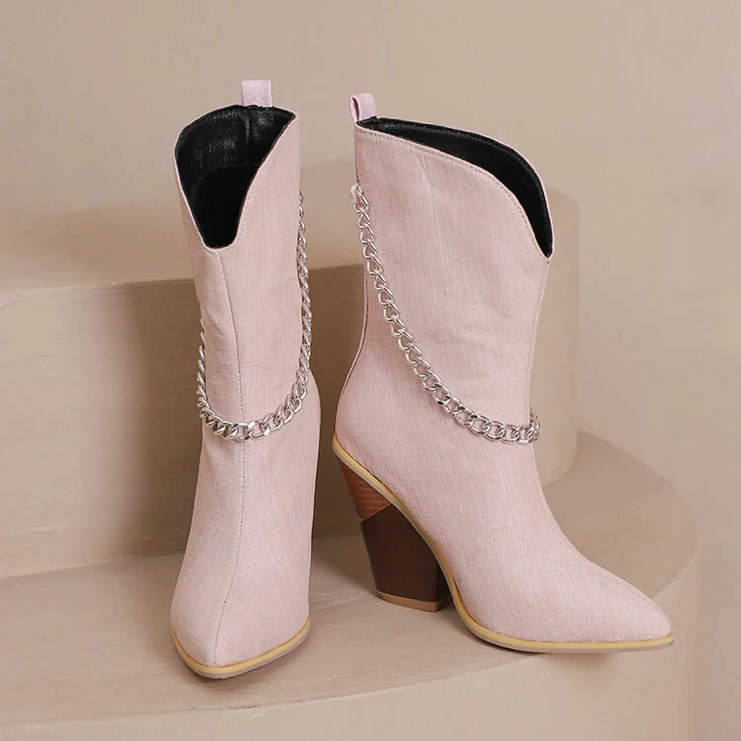 Crzidha Chunky Block Heel Boots for Women,Pull On Pointed Toe High Heel Ankle Boots Wide Calf Low Calf Cowboy Boots for Women Comfy Walking Arch Support Winter Fall Fashion Party Boots