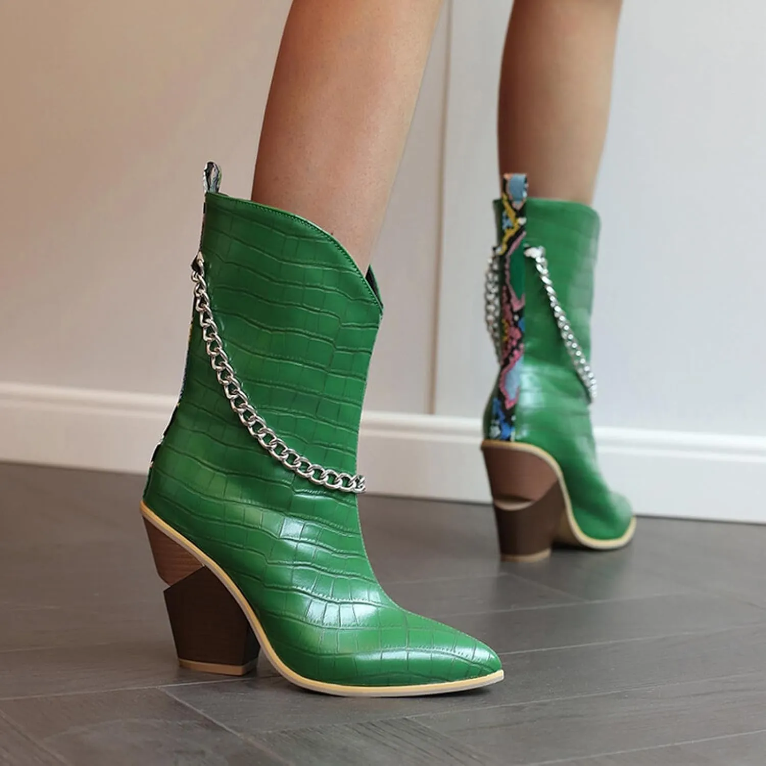 Crzidha Chunky Block Heel Boots for Women,Pull On Pointed Toe High Heel Ankle Boots Wide Calf Low Calf Cowboy Boots for Women Comfy Walking Arch Support Winter Fall Fashion Party Boots