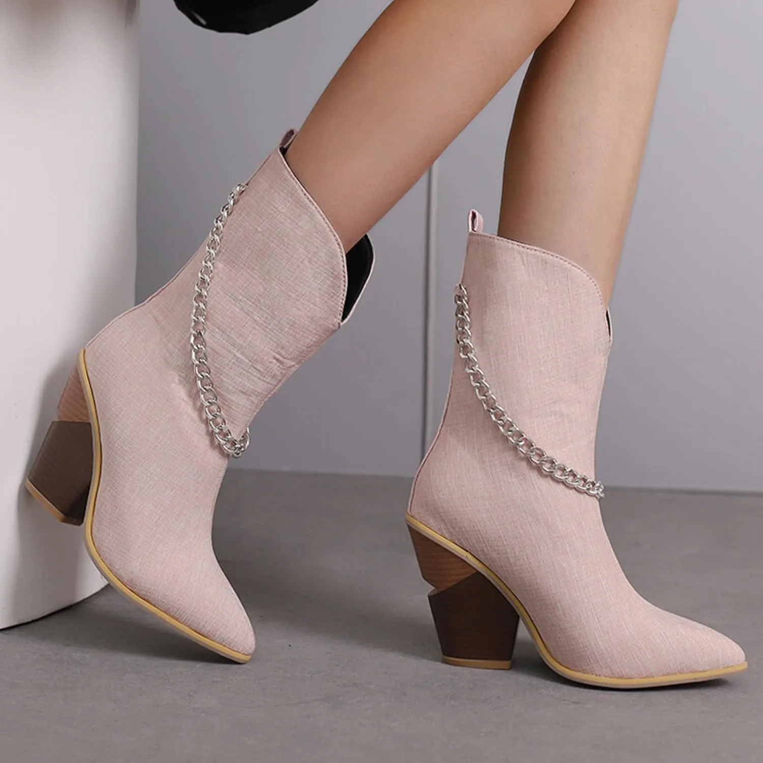 Crzidha Chunky Block Heel Boots for Women,Pull On Pointed Toe High Heel Ankle Boots Wide Calf Low Calf Cowboy Boots for Women Comfy Walking Arch Support Winter Fall Fashion Party Boots