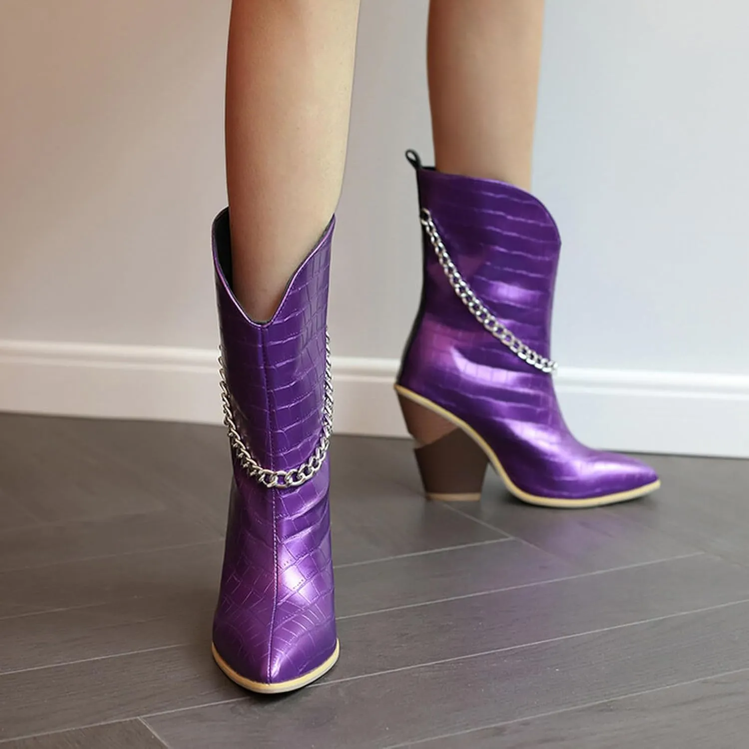 Crzidha Chunky Block Heel Boots for Women,Pull On Pointed Toe High Heel Ankle Boots Wide Calf Low Calf Cowboy Boots for Women Comfy Walking Arch Support Winter Fall Fashion Party Boots
