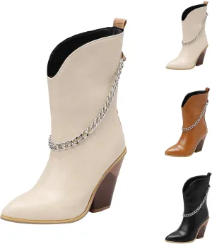 Crzidha Chunky Block Heel Boots for Women,Pull On Pointed Toe High Heel Ankle Boots Wide Calf Low Calf Cowboy Boots for Women Comfy Walking Arch Support Winter Fall Fashion Party Boots