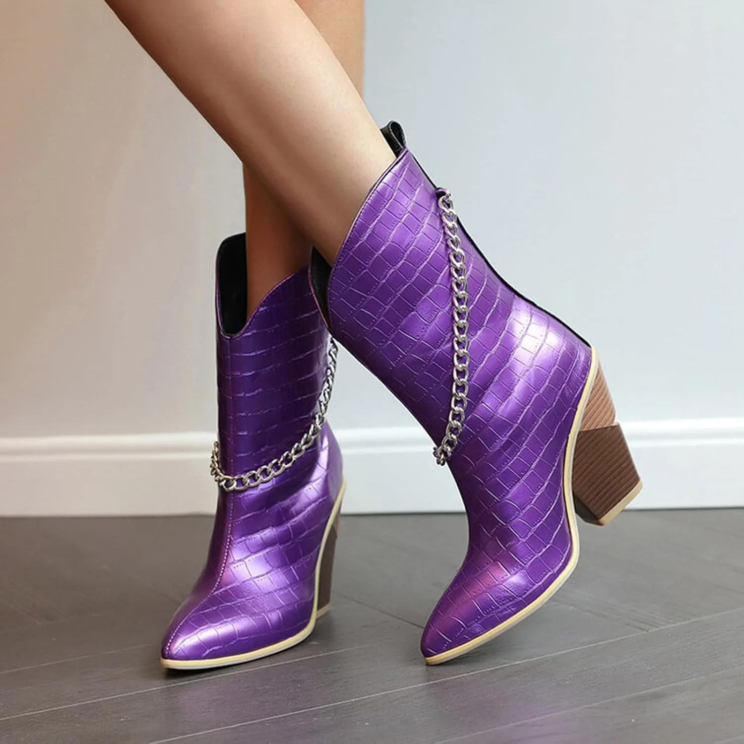 Crzidha Chunky Block Heel Boots for Women,Pull On Pointed Toe High Heel Ankle Boots Wide Calf Low Calf Cowboy Boots for Women Comfy Walking Arch Support Winter Fall Fashion Party Boots