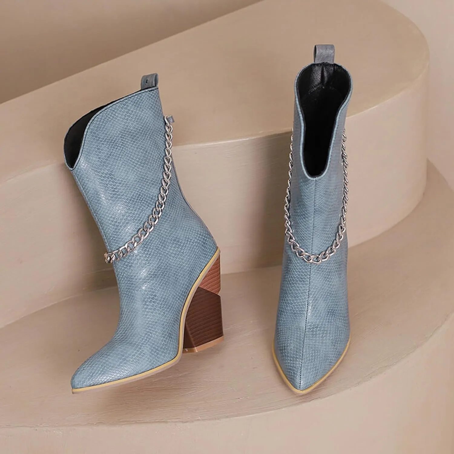 Crzidha Chunky Block Heel Boots for Women,Pull On Pointed Toe High Heel Ankle Boots Wide Calf Low Calf Cowboy Boots for Women Comfy Walking Arch Support Winter Fall Fashion Party Boots